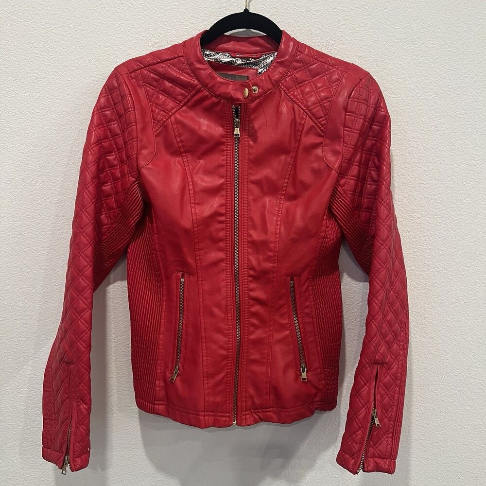 Vintage BB Winter Red Faux Leather Jacket Snake Print lining Small Retro Moto